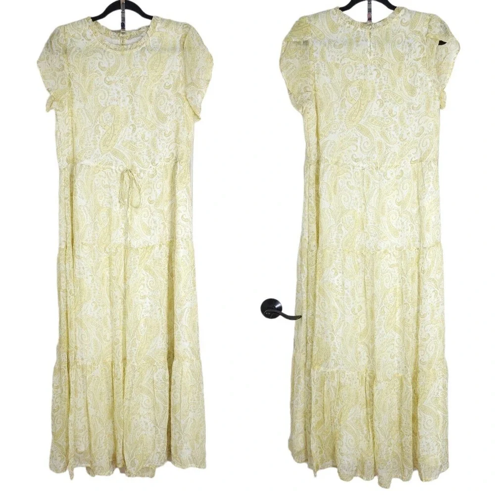 Lucky Brand Women Dress Ariel Tiered Maxi Ruffle Yellow Paisley Floral Prairie S - Picture 2 of 15